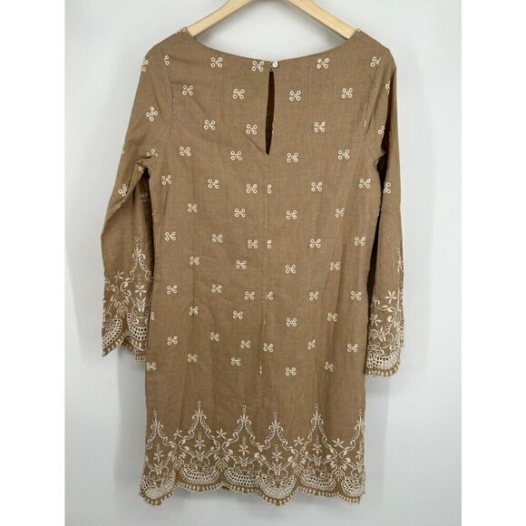 Sundance Catalog Women's 2 Beige Tan Cotton Shift Dress Embroidered Boho Bell - Picture 5 of 5